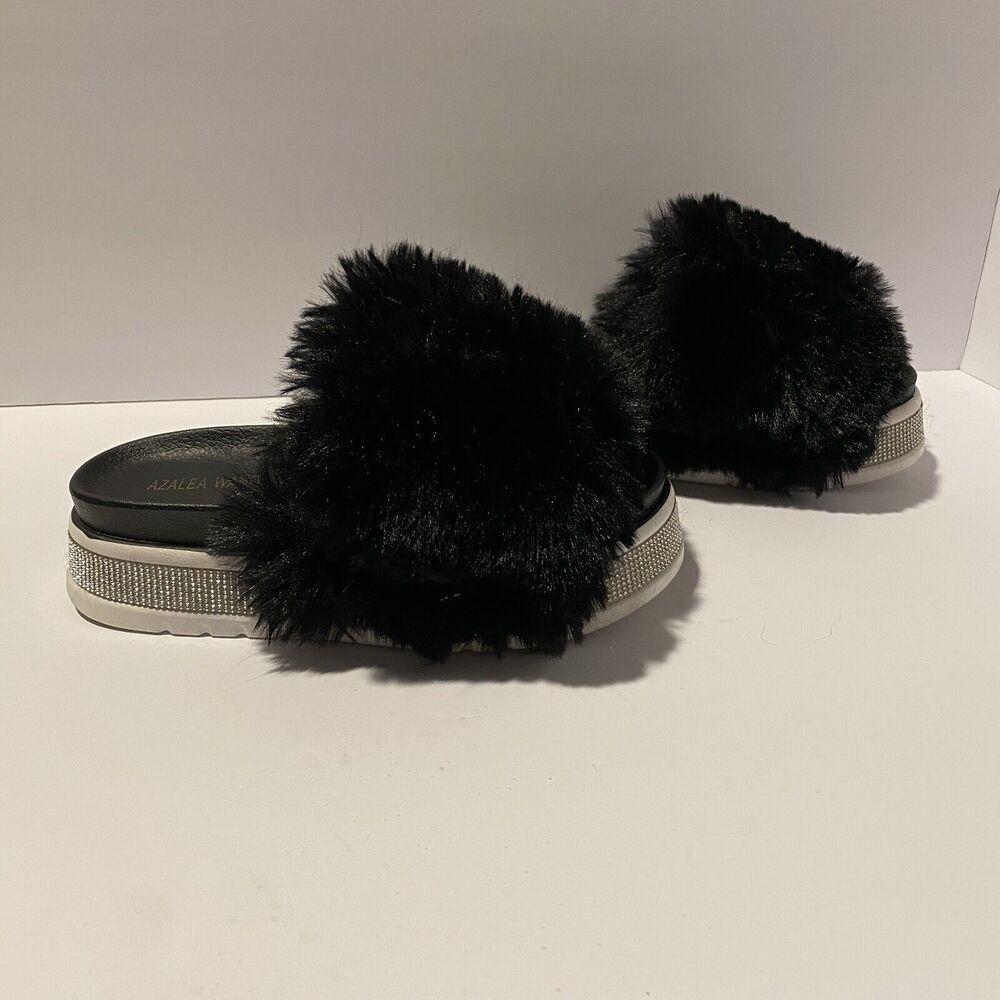 Azalea‎ Wang Rhinestone Fur Slide Sandals Platform Size 7 Chic Glamorous Bling